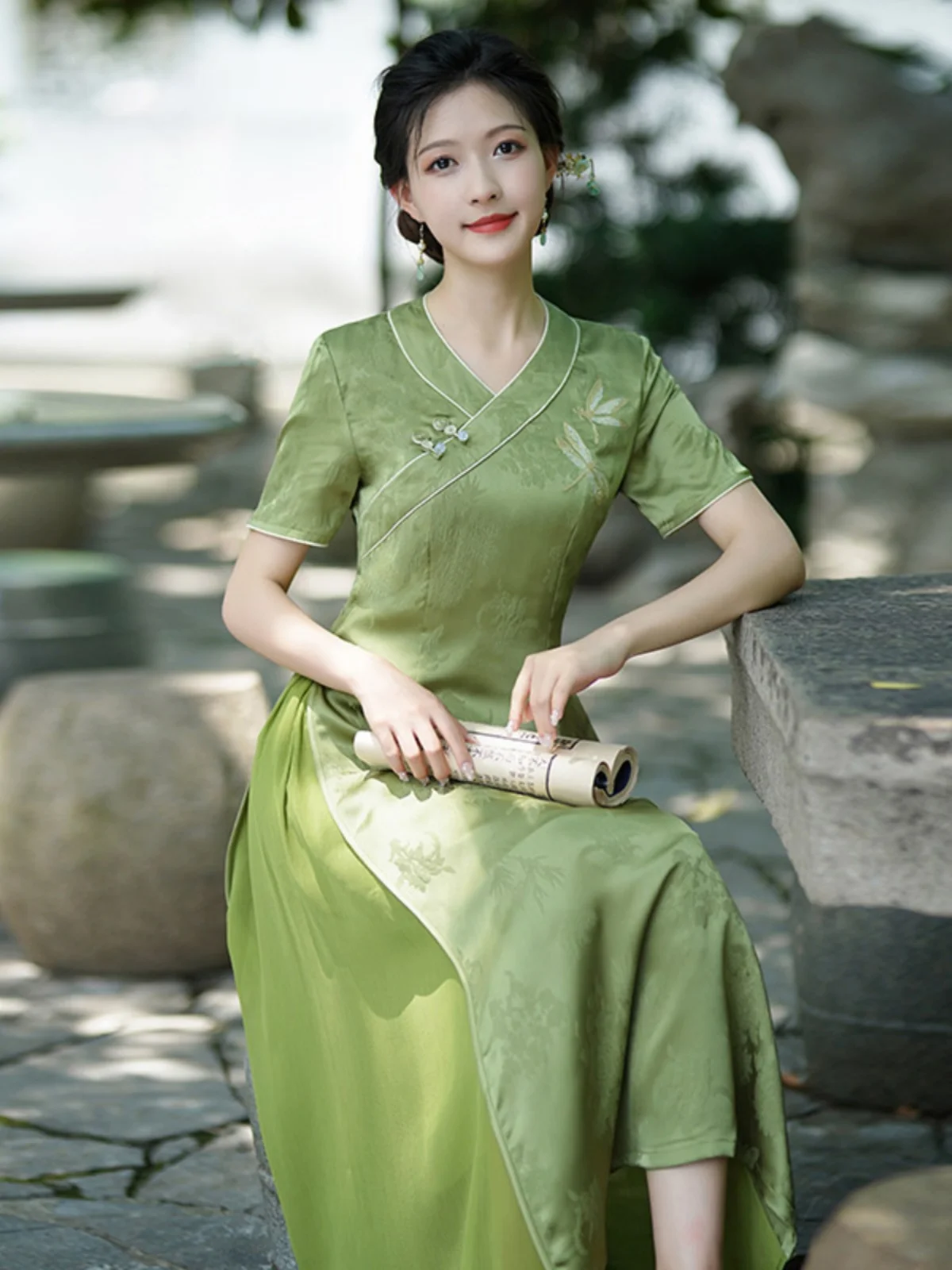 

Новое китайское платье с низким воротником в стиле ретро для мам, модное женское летнее платье миди с коротким рукавом в национальном стиле