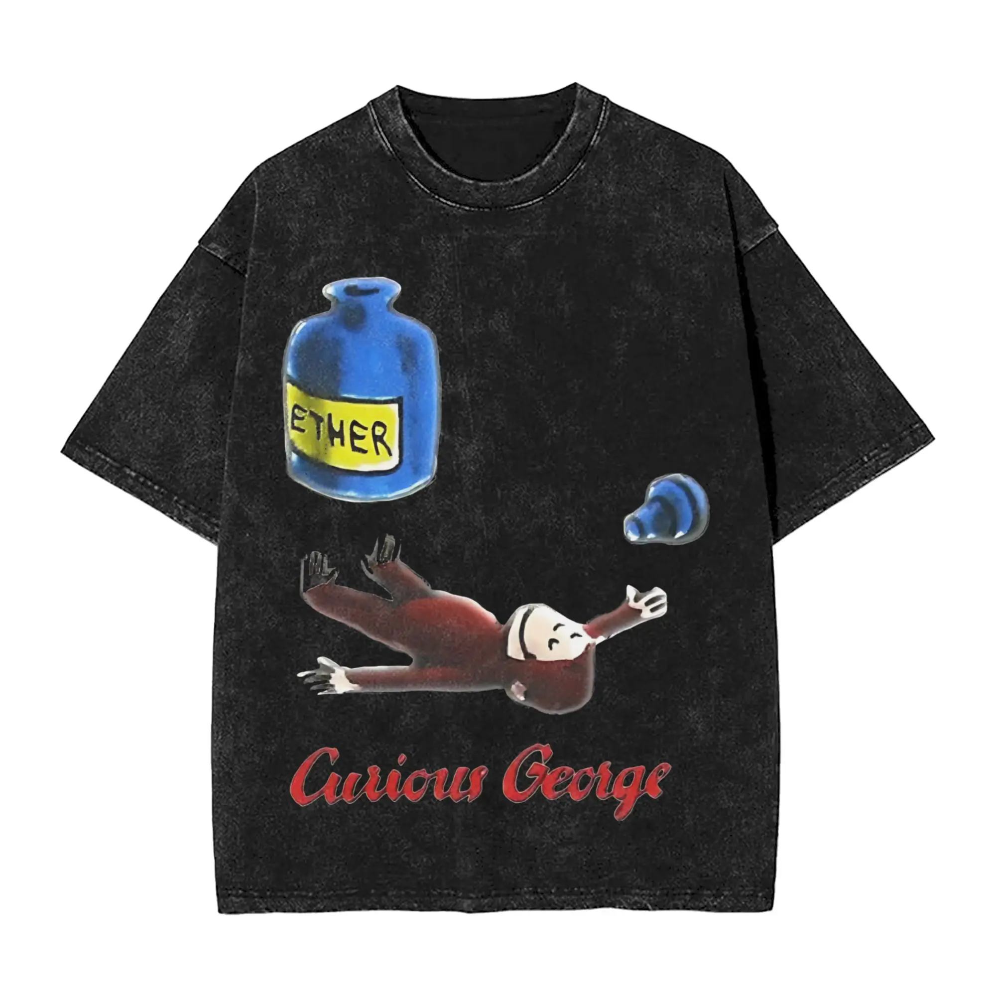 Harajuku Washed Shirt Curious George Breathes in Ether  Outfit Vintage T Shirt High Street  Streetwear Short Sleeve