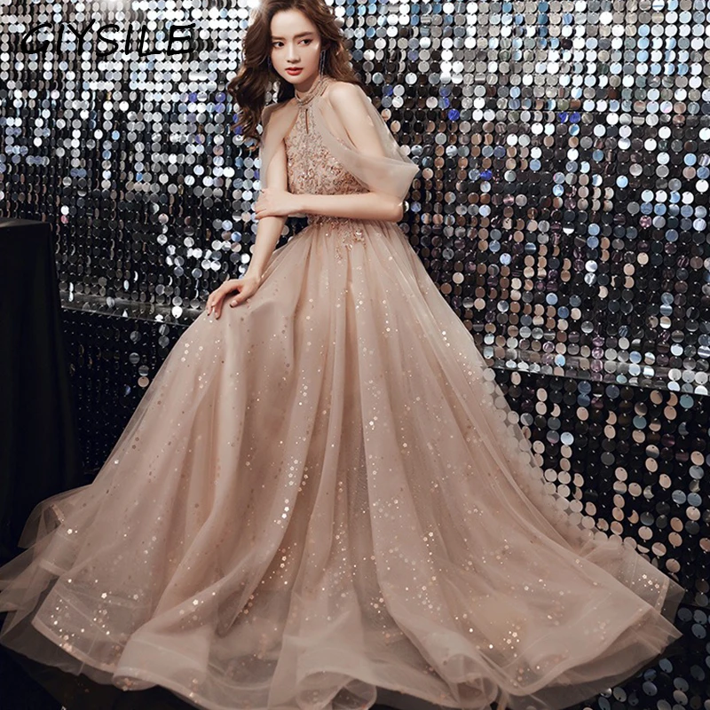 Elegante champanhe vestidos de noite para as mulheres novo estilo banquete vestido de dama de honra vestidos de festa feminino vestidos de noite de fiesta