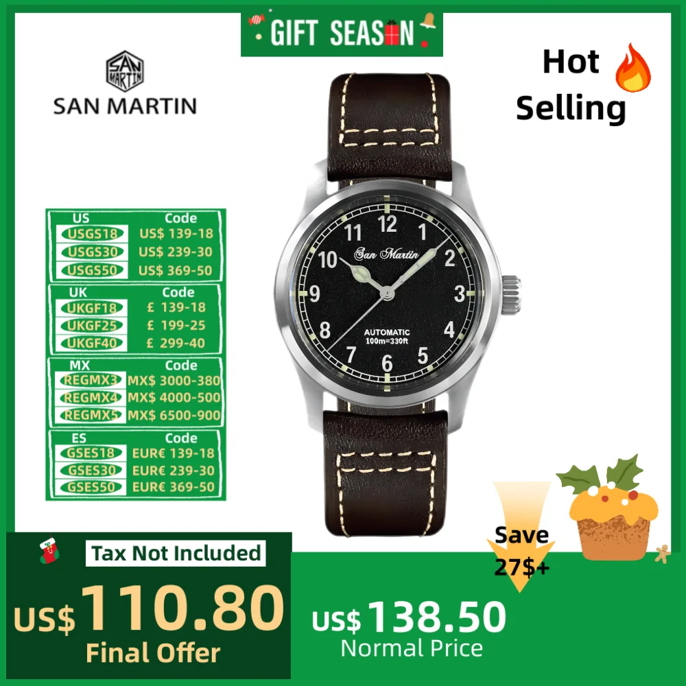 San Martin Pilot Men Watch Mechanical Automatic Movement 8215 Waterproof 10Bar Diver\'s Watches Luminous Wristwatch SN0034B