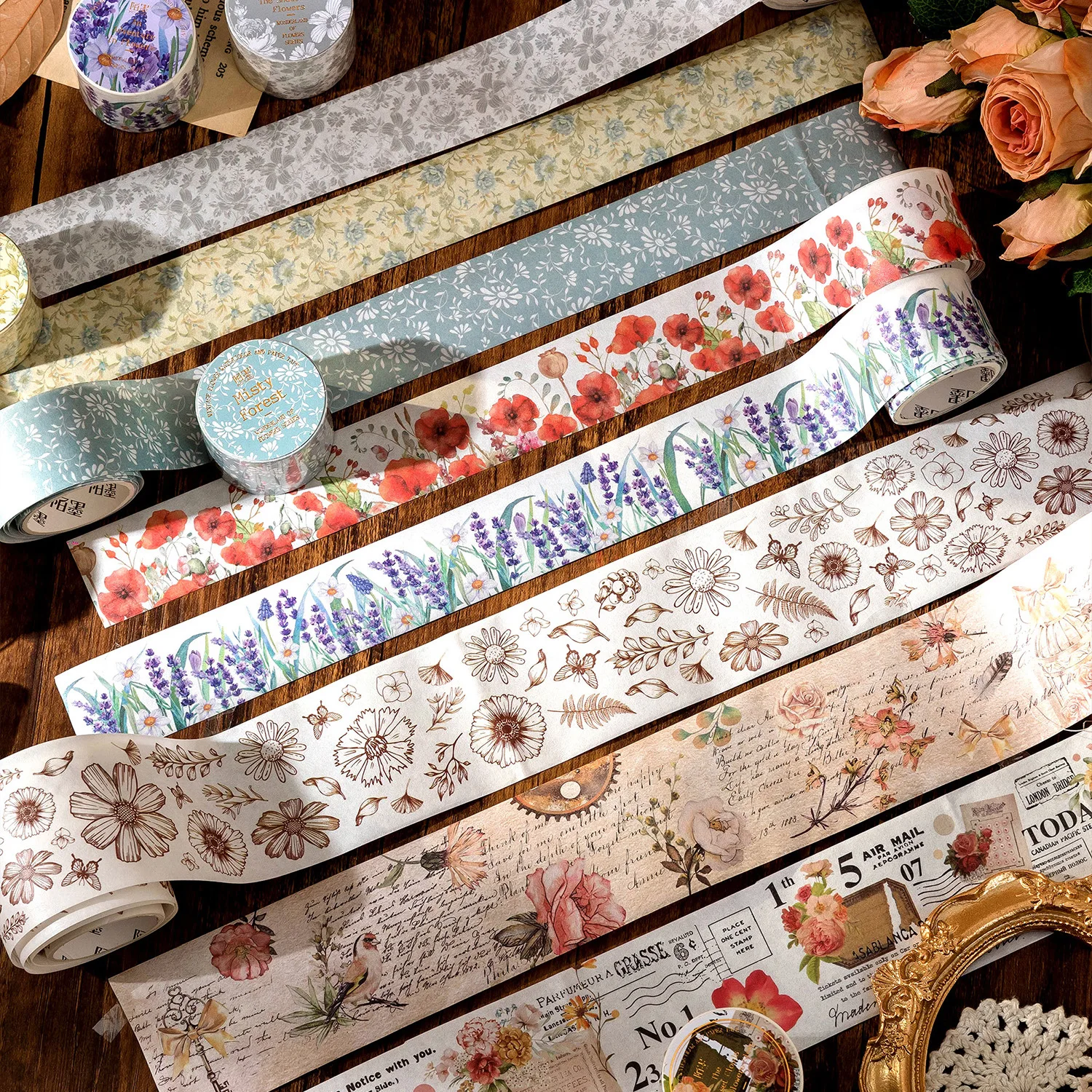 Journamm 50mm/30mm*2m Aesthetics Floral Washi Tapes Decor Junk Journal DIY Scrapbooking School Supplies Collage Stationery Tapes