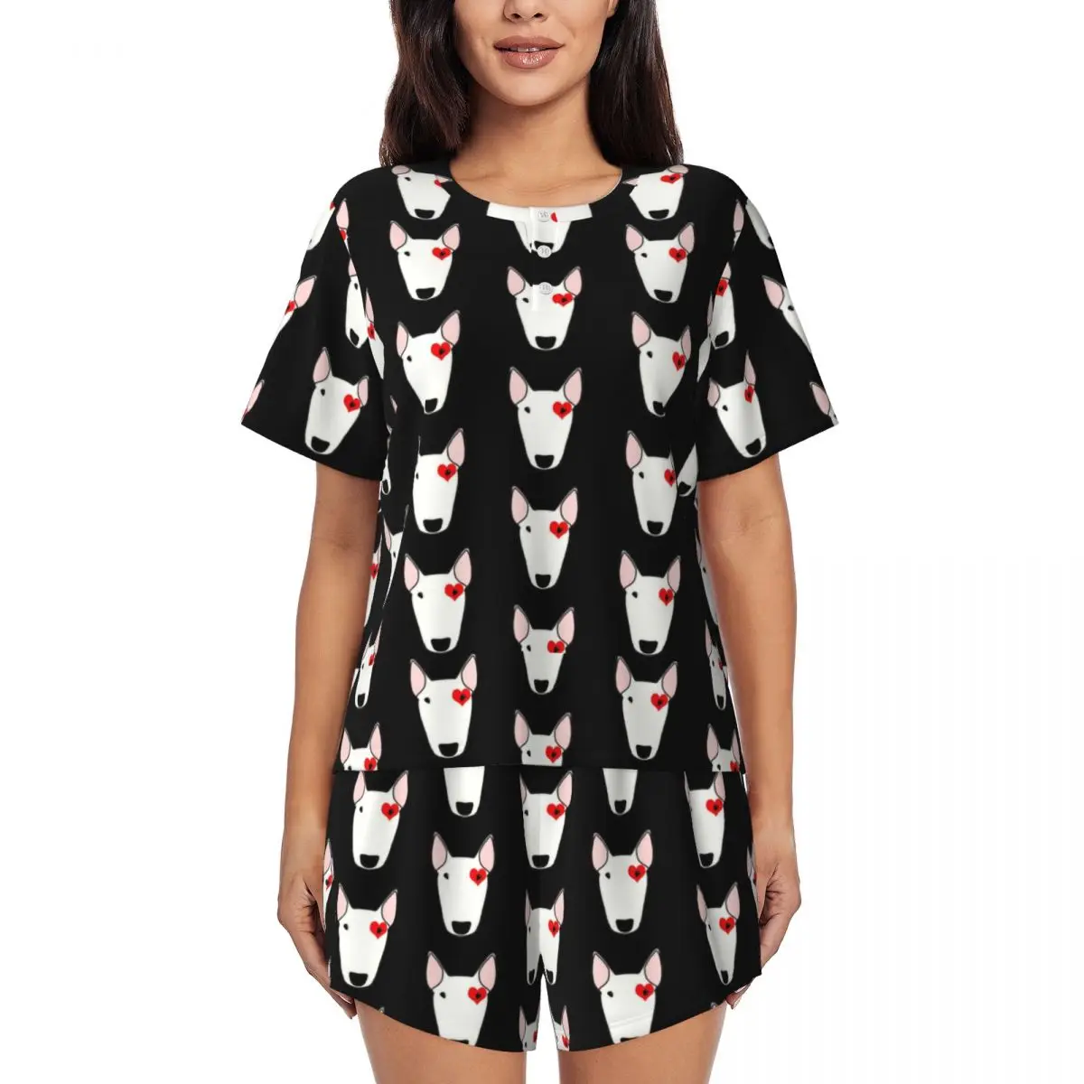 

Women Valentine Bully Dog Pajamas Set Custom Print Short Sleeve Bull Terrier Puppy Sleepwear Loungewear Pjs 2 Piece Sets