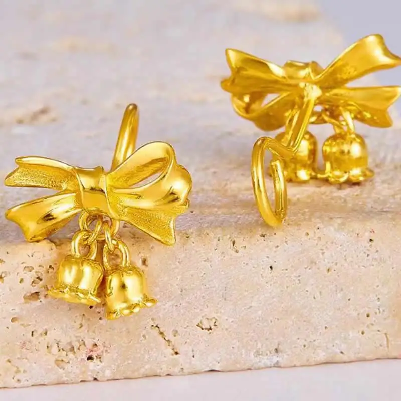 999 Gold Women Earrings 24K Yellow Gold Bow Flower Dangle Earrings