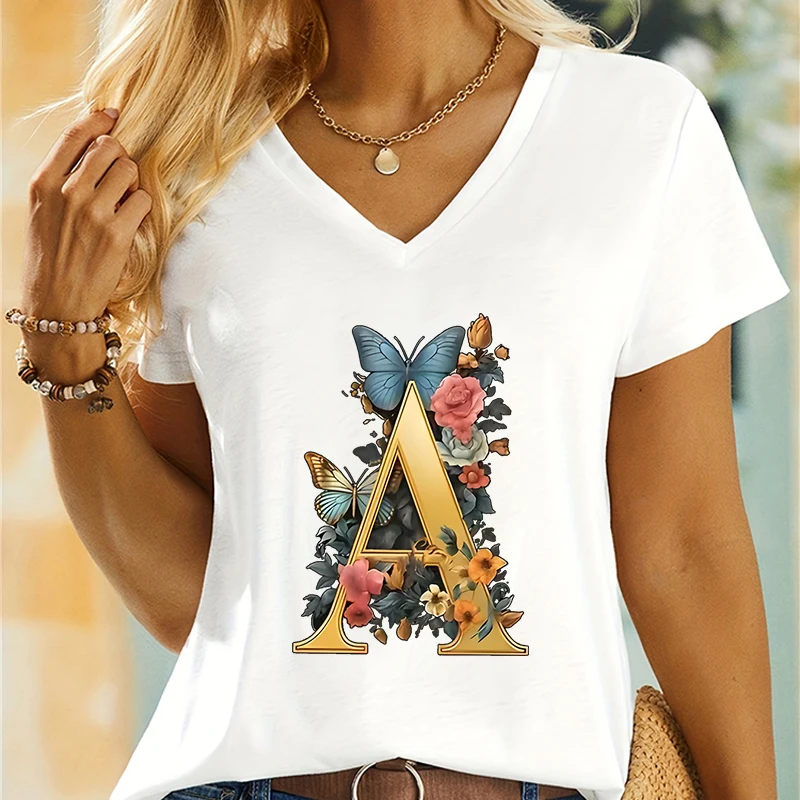 Vintage Flower Alphabet Premium T-shirt Female A-Z 26 Alphabet Flower Gift Classic Tops Letter Butterfly Floral Woman T-shirts