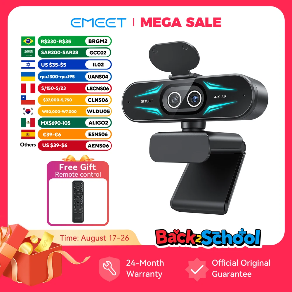 4K Webcam 1080P 60fps Webkamera EMEET C60E 4K Binokulare USB-Kamera mit RGB-Licht für Streaming/Gamer-Videokamera für Computer