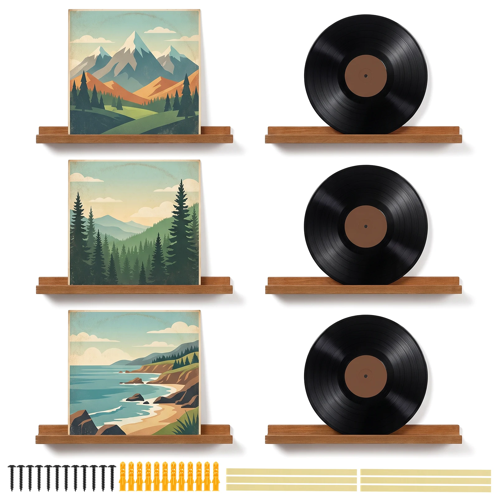 6pcs 31cm Wall Mount Wood Vinyl Record Shelf Small Record Display Holder Record Album Storage Floating Shelves