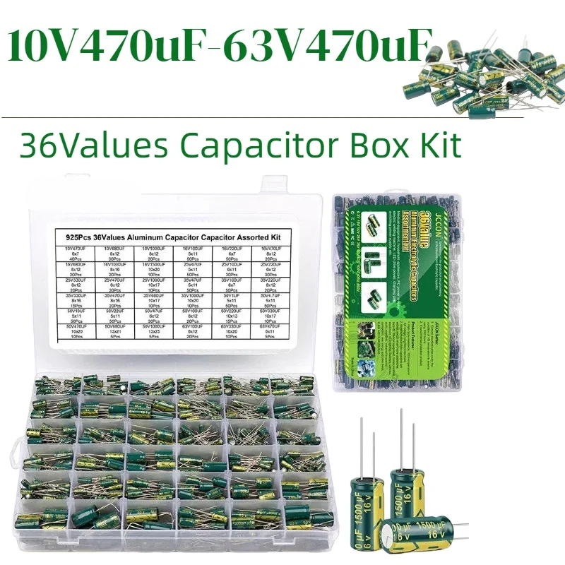 

925pcs 36 Values Aluminum Electrolytic Capacitors 10V470uF-63V470uF Electrolytic Capacitor Assortment Kit with Storage Box