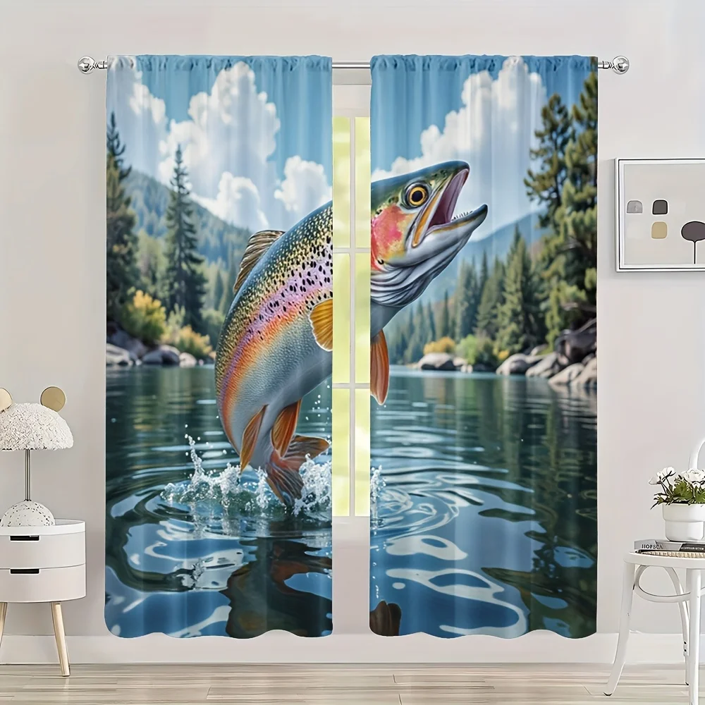 Jumping Trout Curtain, Realistic Fish Print Drape, River Fishing Scene Window Treatment, Outdoor Nature Decor Lake House Textile