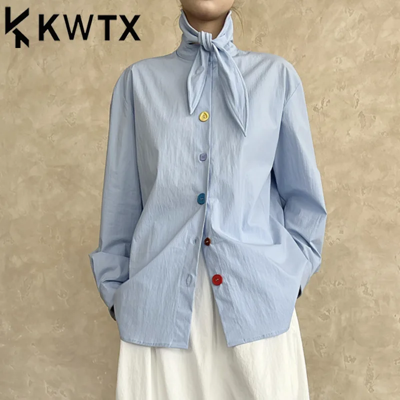 

KWTX Women's Shirt Jacket Vintage Elegant Spring Summer 2025 Casual High Street Trendy Solid Color Colorful Buttons Tie Bow