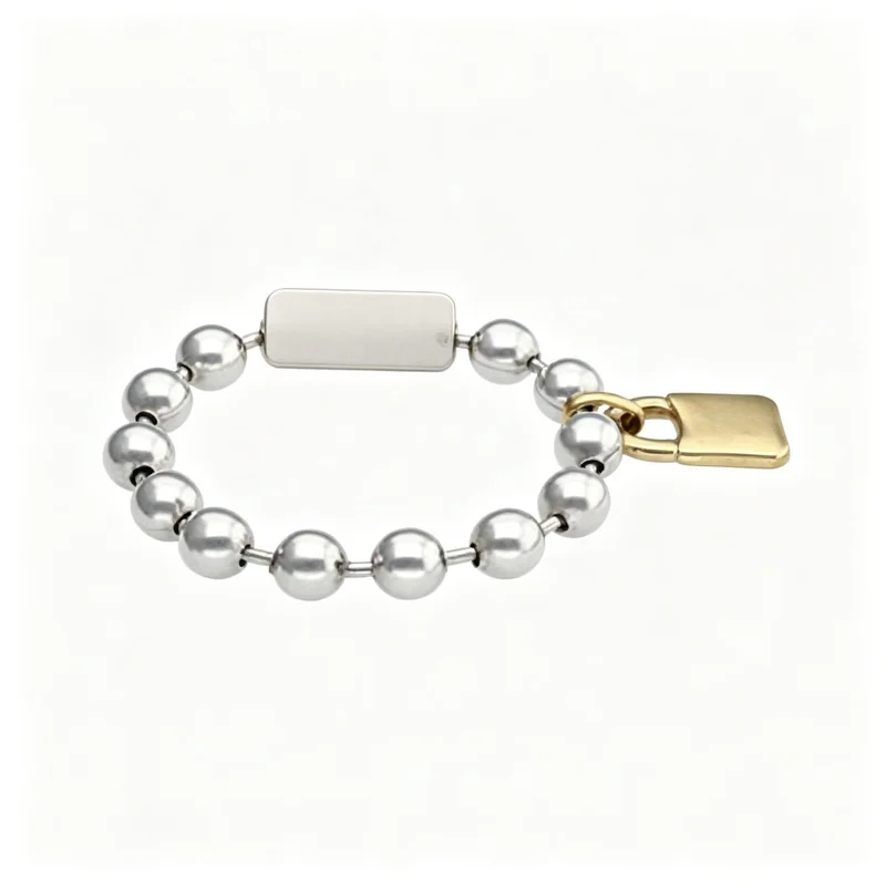 Beaded Bracelet with Padlock Charm for Women - Silver Beads & Gold-Tone Lock Clasp, Alloy, 16 cm, Everyday Gift