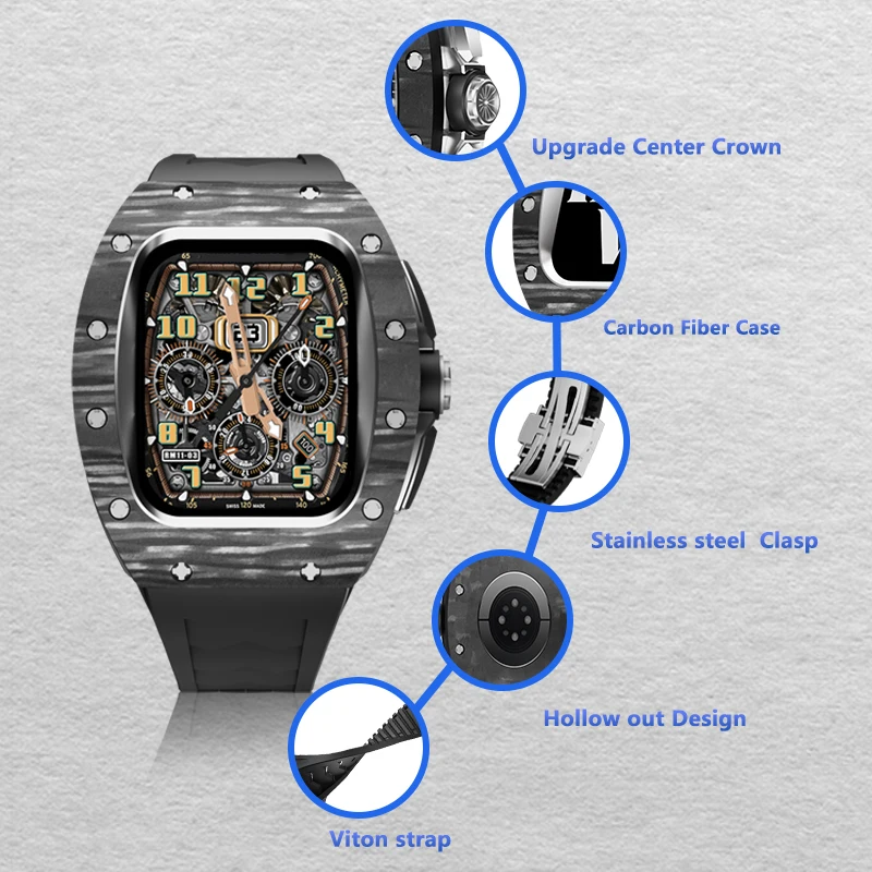 For Apple Watch Carbon Fiber Case For Apple Watch 44/45mm Series iwatch SE/4/5/6/7/8,Fashion Fluorine Rubber Wristband