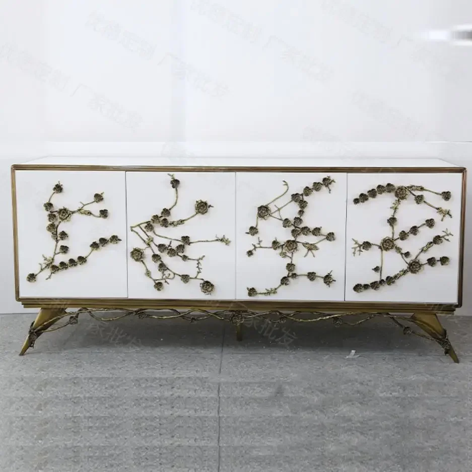 Modern Antique White Sideboard With Copper Base And Copper Plum Blossom Cabinet Door