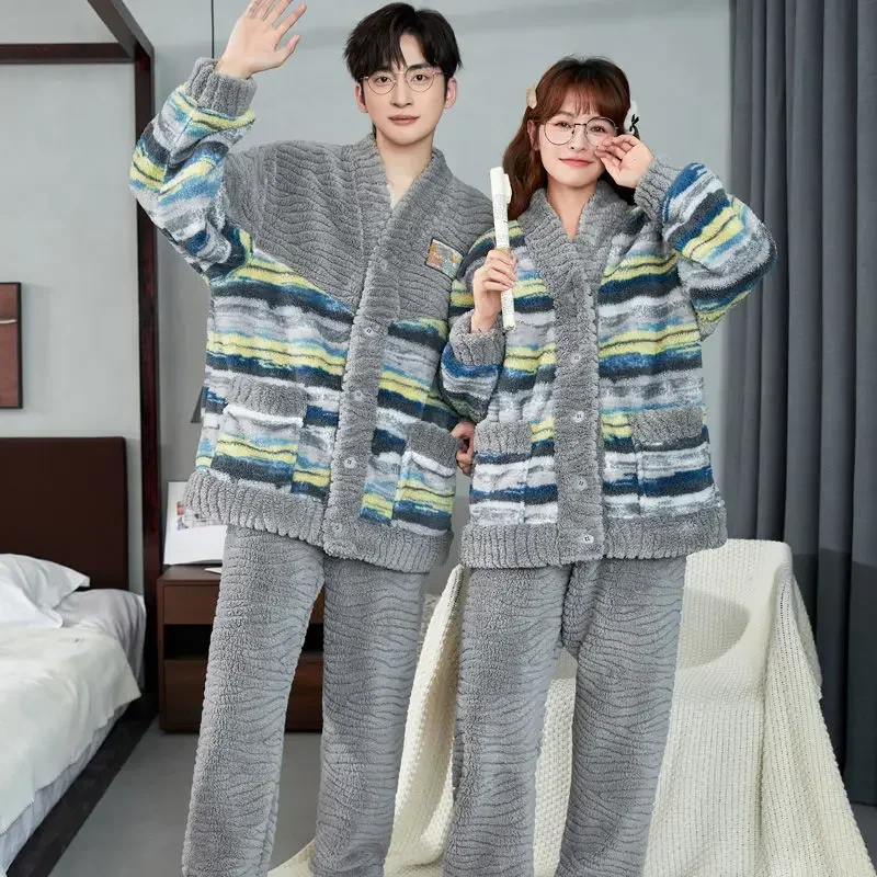 2024 New Couple Pajamas Autumn Winter Nightgown Coral Velvet Men Women Winter Homewear Flannel Long-sleeved Senior Sense Suit