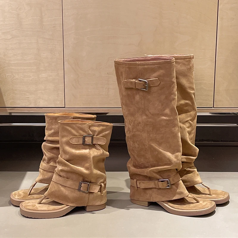 Sandalias de gladiador de verano casuales para mujer, de gamuza con hebilla, punta abierta, hasta la rodilla o a media pantorrilla, tipo botín para damas