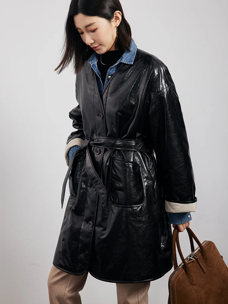 

V-neck Long Genuine Leather Winter Jackets for Women 2026 New High-end Simple Loose Black Oil Wax Real Sheepskin Coat with Belt