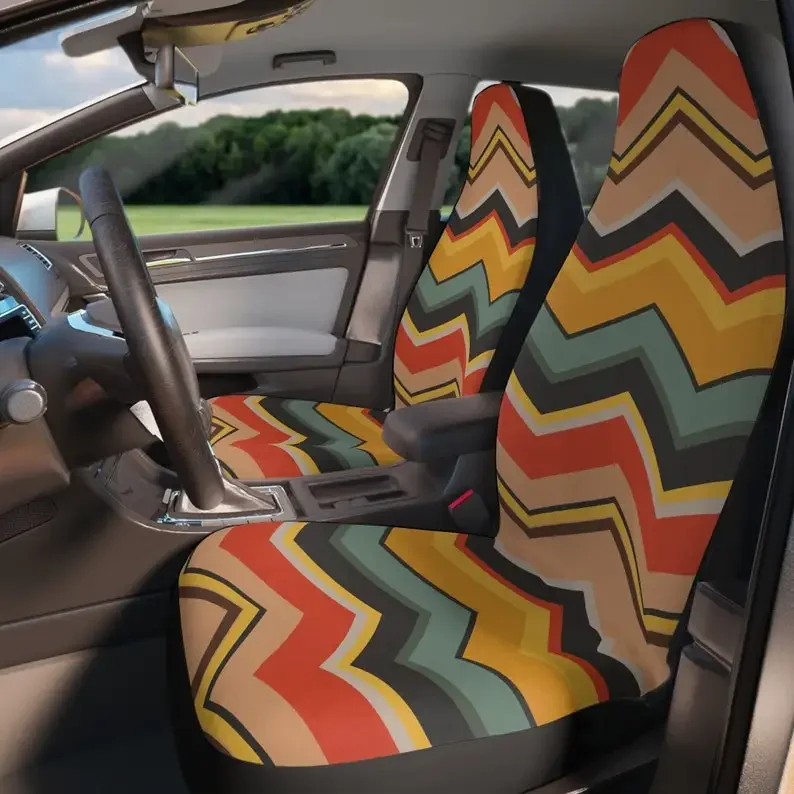 Groovy Retro ZigZag Blue, Yellow and Red Polyester Car Seat Covers