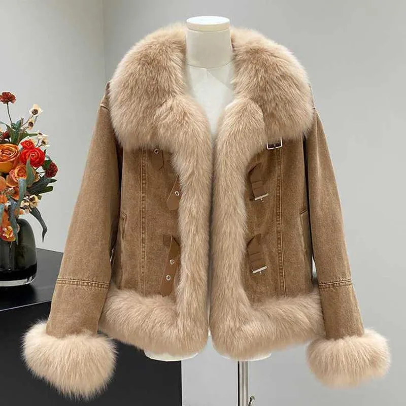 Women's Cotton Jacket Coat Faux Fur Top Fashionable Autumn French Brown Plush Oversized Loose And Thick Polo Neck Coat Top New