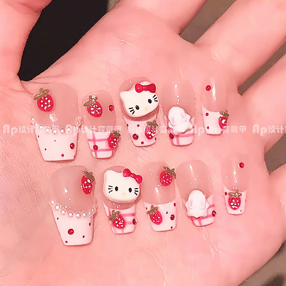 Truskawka Hello Kitty naklejka na paznokcie narzędzia artystyczne ręcznie robiony super słodki króliczek Kawaii 3D naciśnij na naklejkę na paznokcie