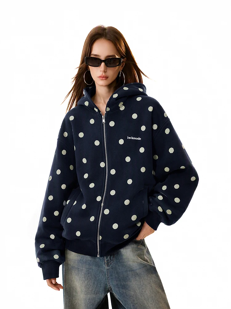 Ich Mode Devil Print Polka Dot Hooded Open Cardigan Sweatshirt Women's Casual American Style Outerwear Autumn New Arrival