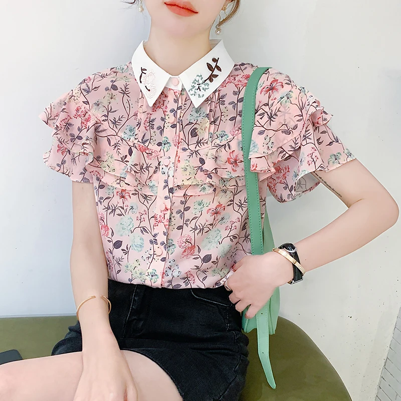 

Sweet Short Sleeve Floral Chiffon Shirts Women Summer Ruffles Chiffon Tops Ruffled Pink Shirts