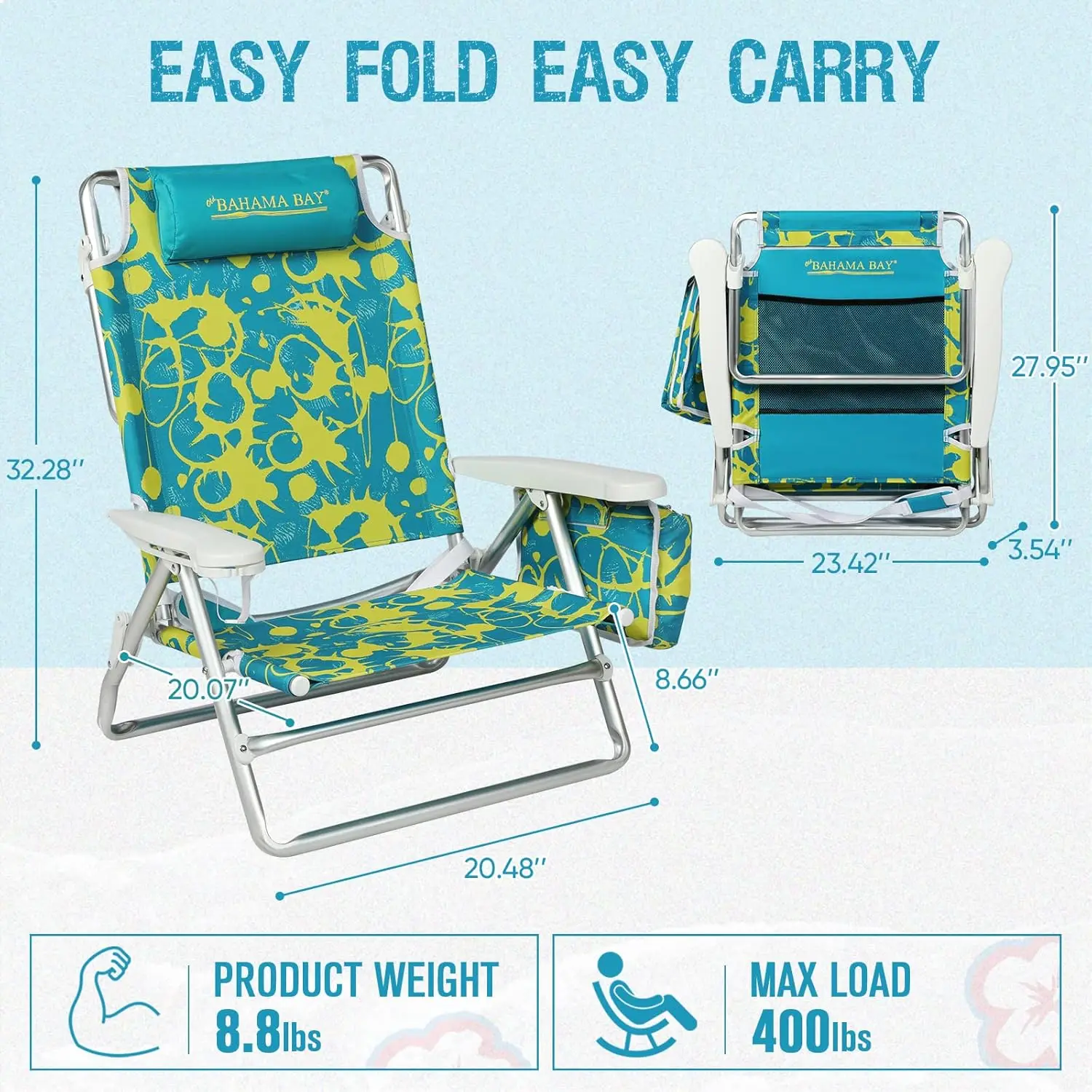 Reclining Beach Chair Backpack 5-Position Lay Flat  for Adults Heavy Duty Support 400 LBS Portable Folding Lightweight