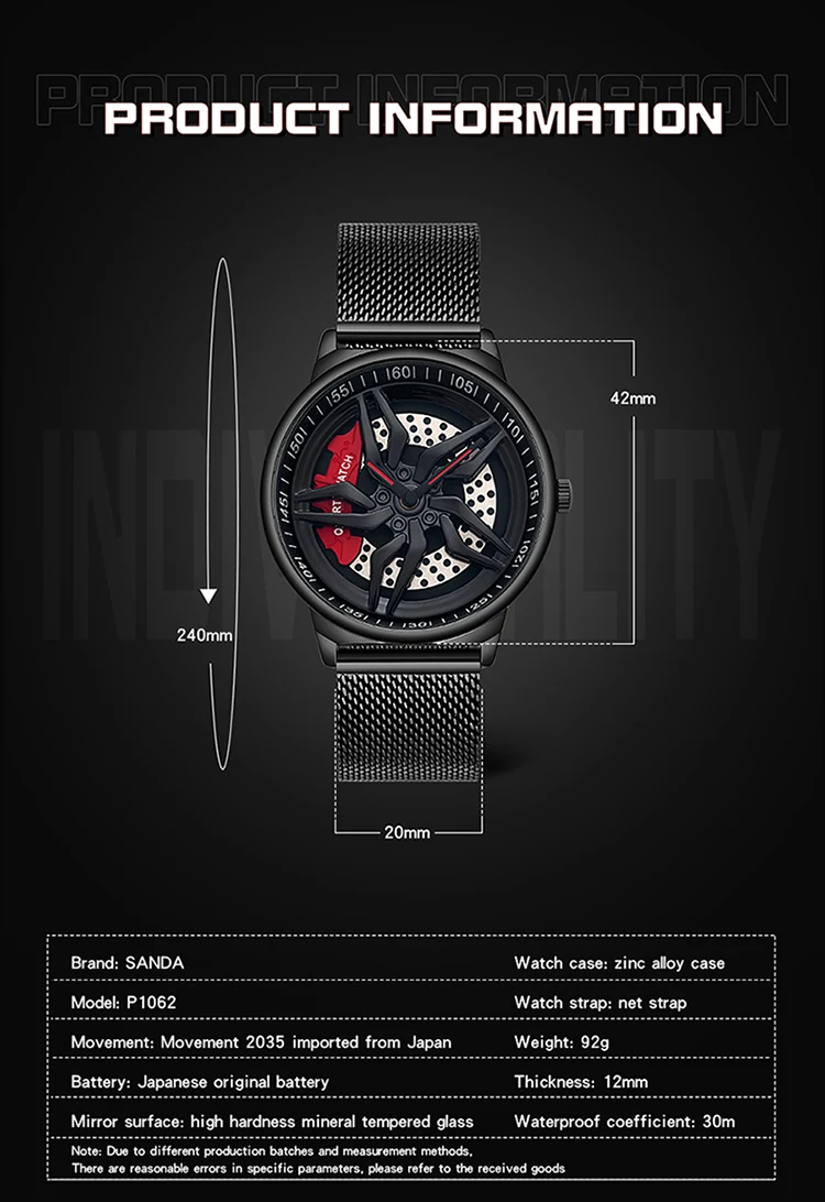 [360° Spinning] SANDA 1107 Fashion New Men Watch Sports Wheel Shape Rotating Dial Quartz Wristwatch Gifts Relogio Masculino 1062