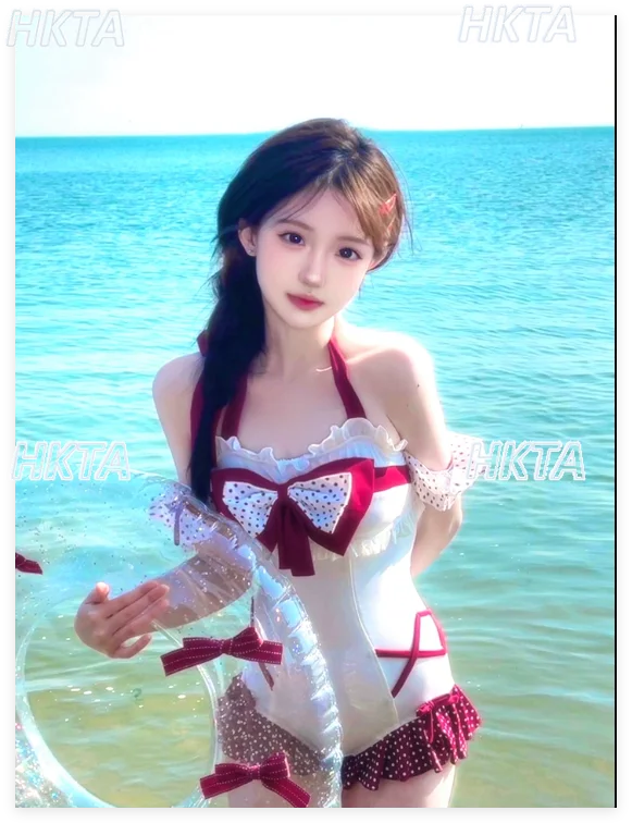 

American Sexy New Lolita Polka Dot Strap Big Bow Seaside Vacation Swimsuit Sweet Pleated Neck Contrast One Piece Bikini Women