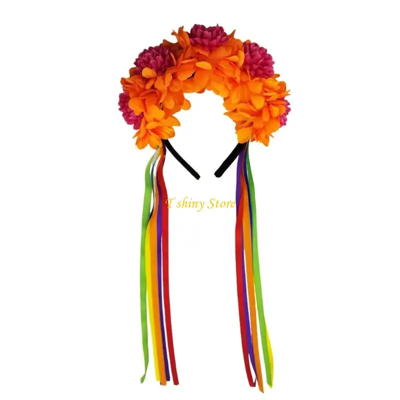 

N58F Mexica Day Of The Dead Floral Hair Accessory Adjustable Headband Headpiece