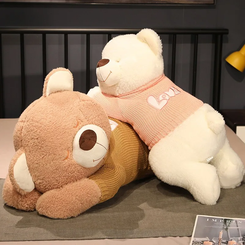 80/100CM Lovely Giant Size Lying Teddy Plush Toys Soft Sweater Bear Plush Pillow Stuffed Animal Dolls Kids Baby Christmas Gifts