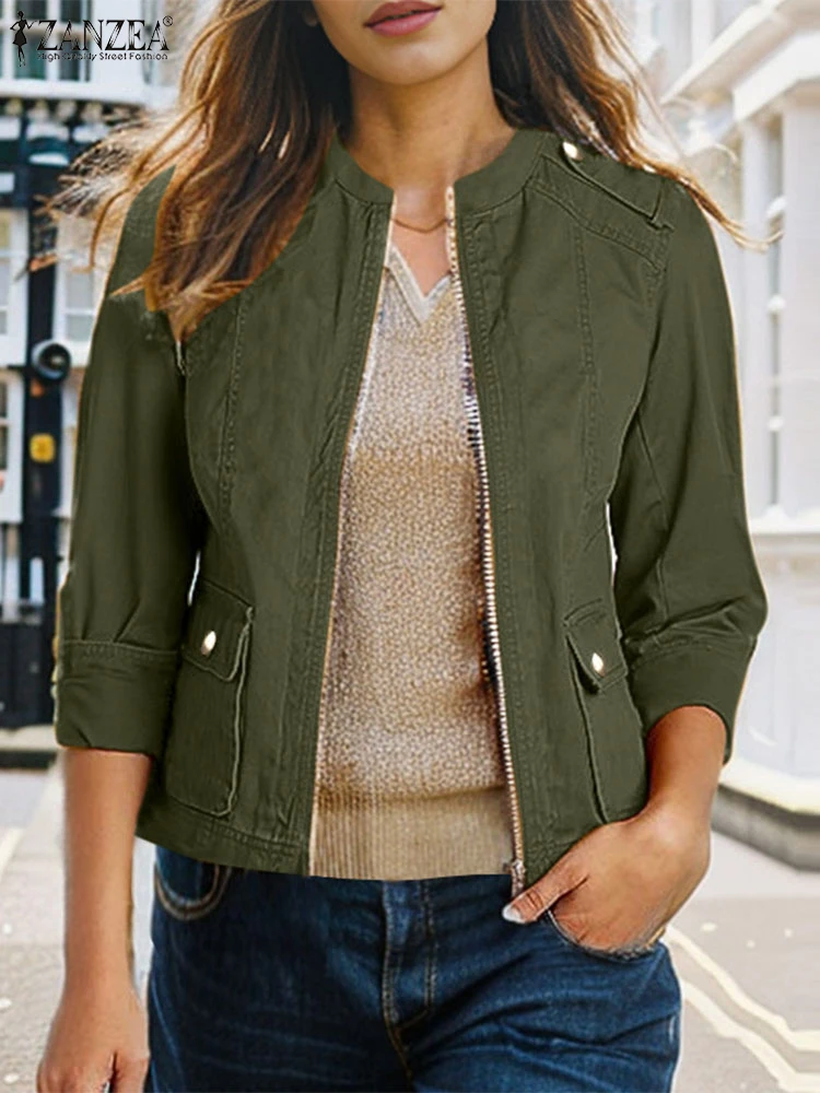 Frühling Casual Langarm Zipper Dünne Mäntel 2025, ZANZEA Stilvolle Frauen Jacken Elegante Solide Arbeit Outwear Weibliche Dünne Chaqueta