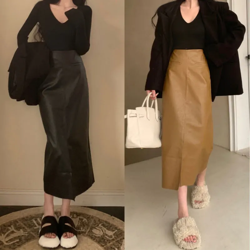 American High Waist Split Leather Midi Skirts Women Vintage Solid Color Autumn Winter New A-Line Slim Faux Leather Pencil Skirts