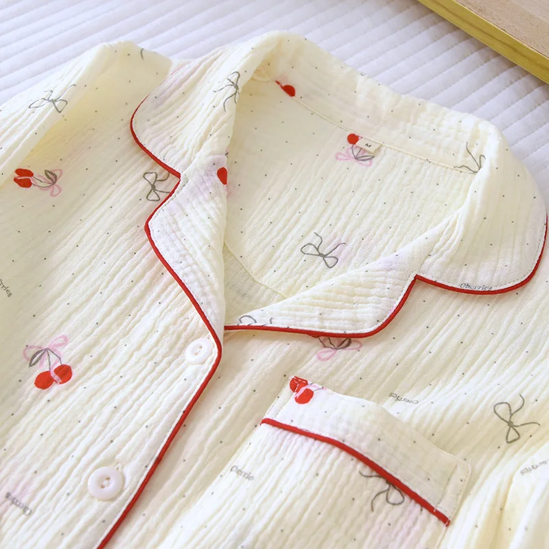 Women Pure Cotton Gauze Pajama Set Soft Breathable Long Sleeve Small Floral Print Lace Trim Lapel Loungewear Sleepwear
