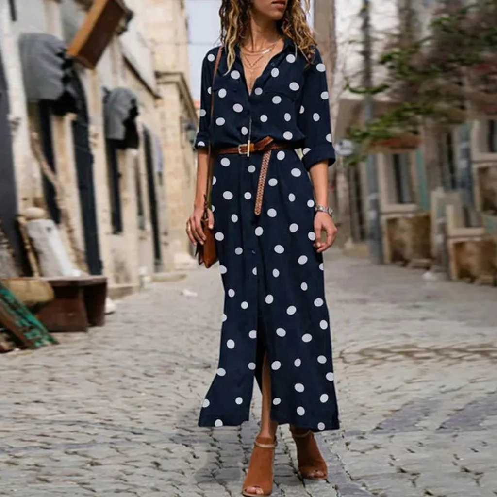 

2024 Spring Summer Polka Dot Shirt Dress Women's Clothing Female Ankle-length Dresses Casual Clothes