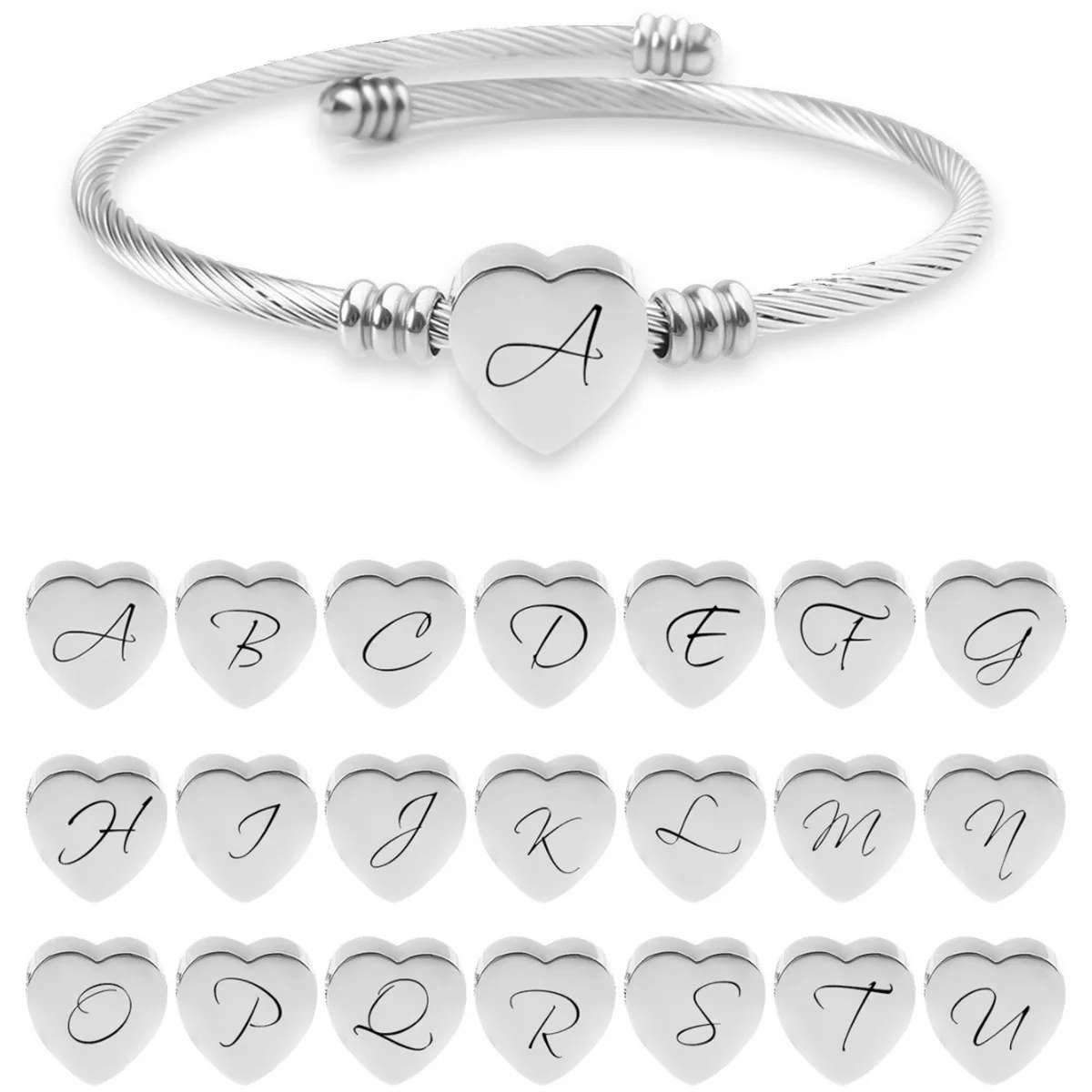 

Custom Name/Initial Letter Heart Bracelet For Women Dainty Stainless Steel Open Cuff Bangle