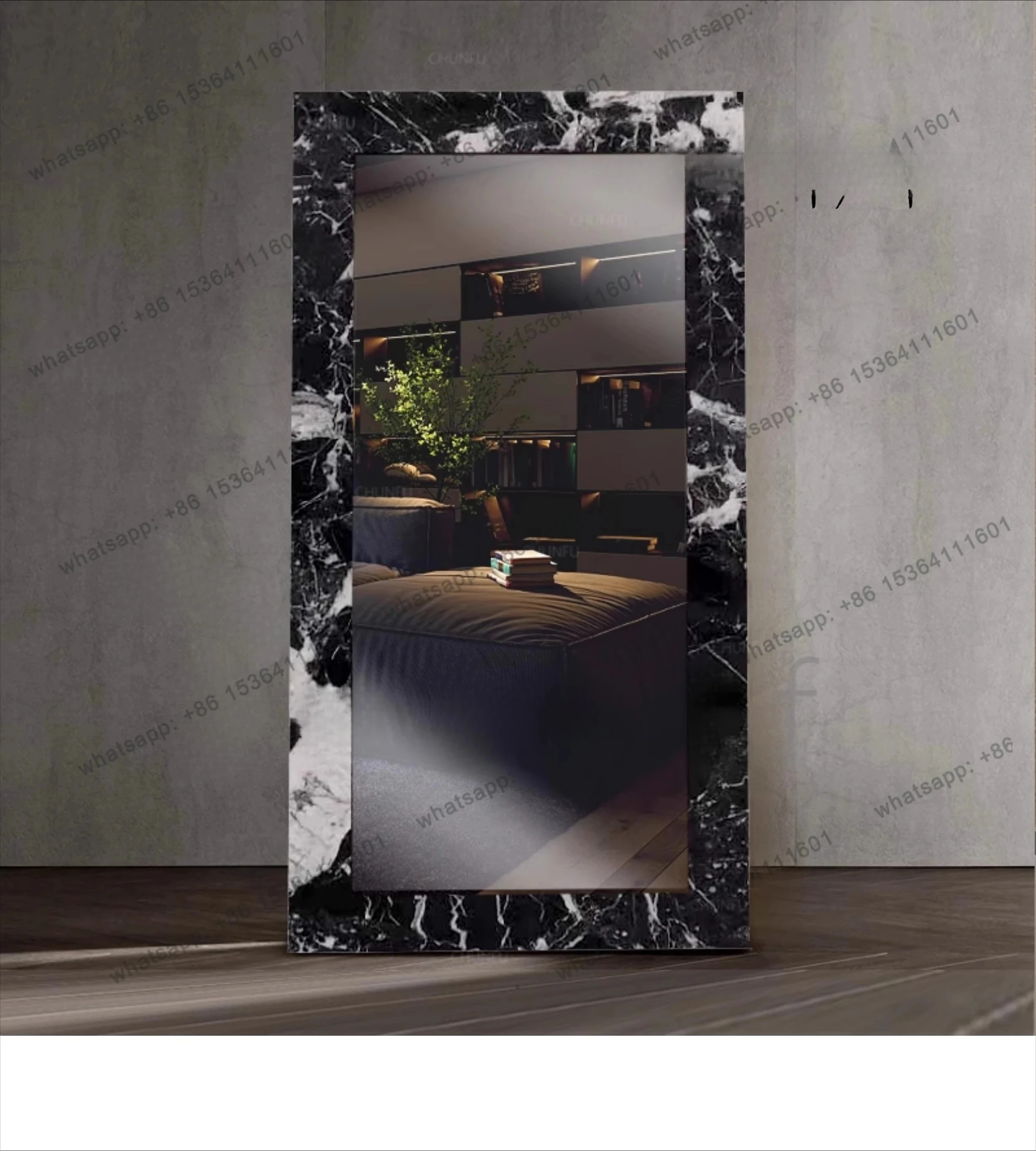 Light luxury marble rectangular dressing mirror, living room bedroom fitting mirror, wall-mounted full-body floor mirror