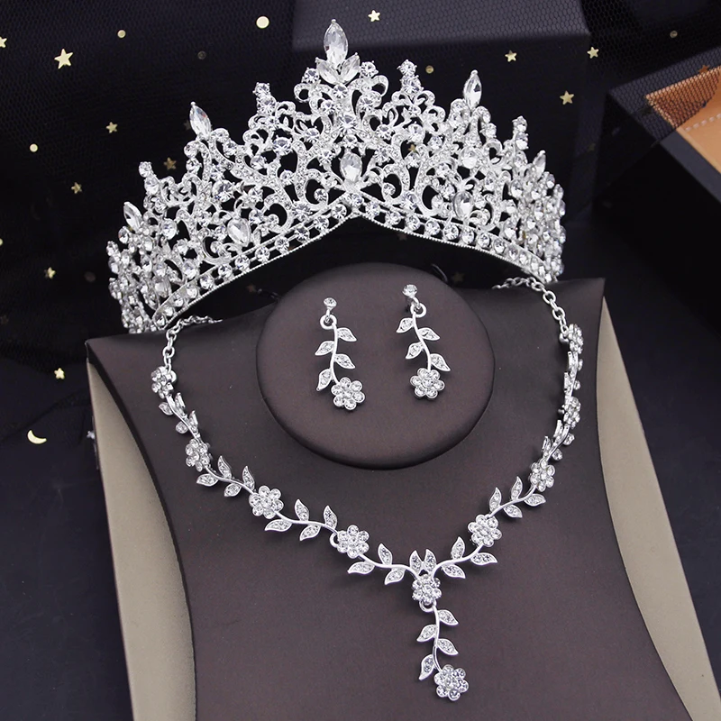 Luxury Silver Color Crystal Water Drop Bridal Jewelry Sets Rhinestone Tiaras Crown Necklace Earrings Wedding Dubai Jewelry Set