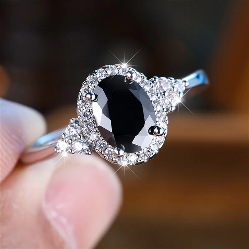 Oval Cut Black Green Red Pink Yellow Blue Zircon Stone Rings For Women Classic Silver Color Female Wedding Bands Mother Day Gift
