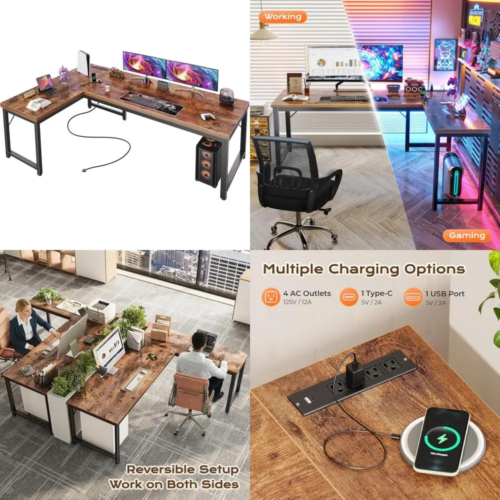 

63 L-Shaped Desk with Power and USB-C Ports, Thick 0.95 Inch Top, Reversible for Large Office Space