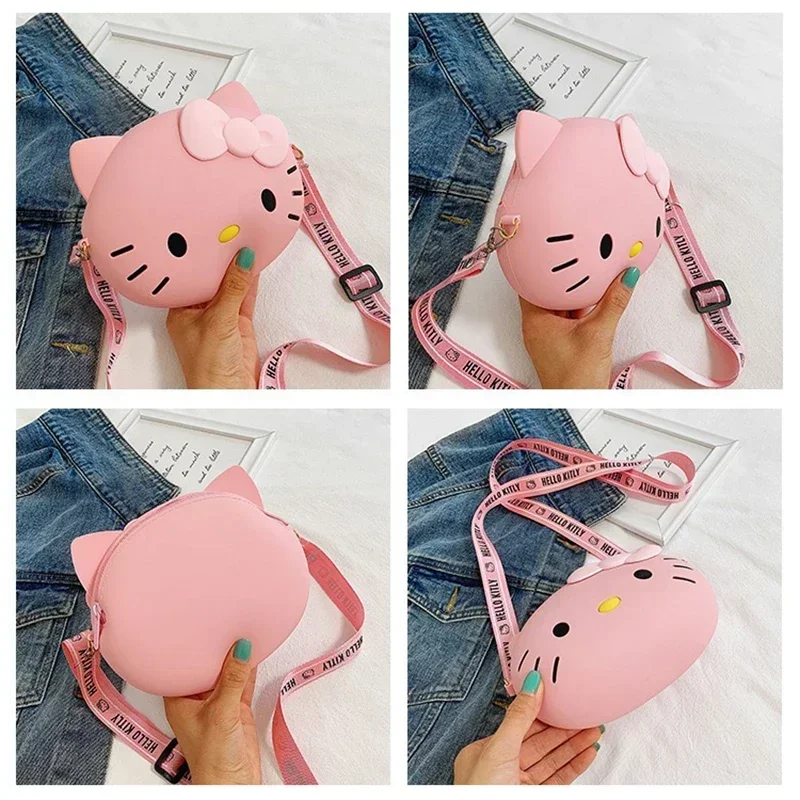 Mała różowa biała torebka Crossbody Hello Kitty dla dziewczynek śliczna kokardka Kawaii mała torba na ramię 3D Bolsas Para Mujeres