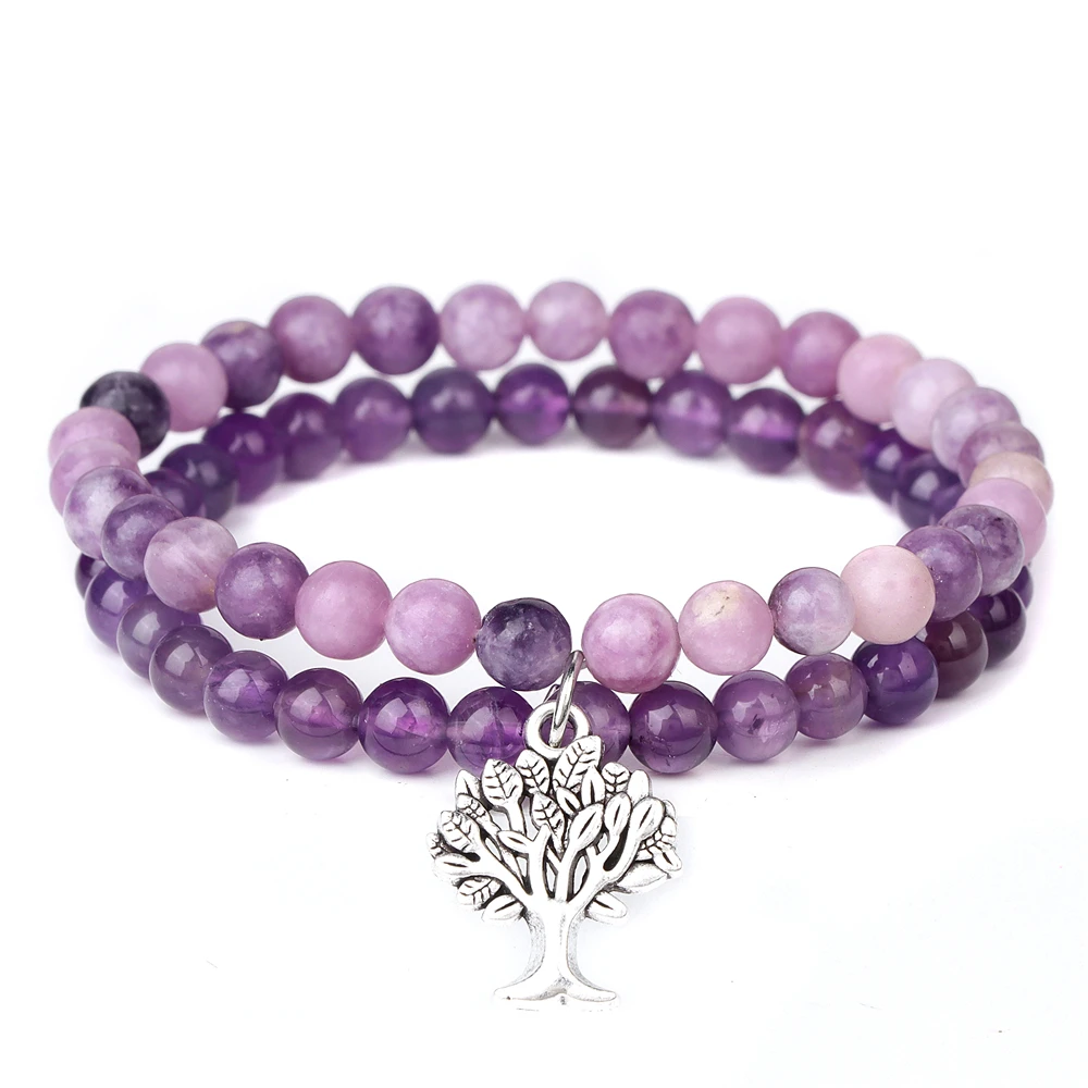 Purple Natural Stone Round 6mm Beaded Bracelet Natural Amethysts Lilac Stone Bracelet Fashion Tree of Life Charm Bracelet Bangle