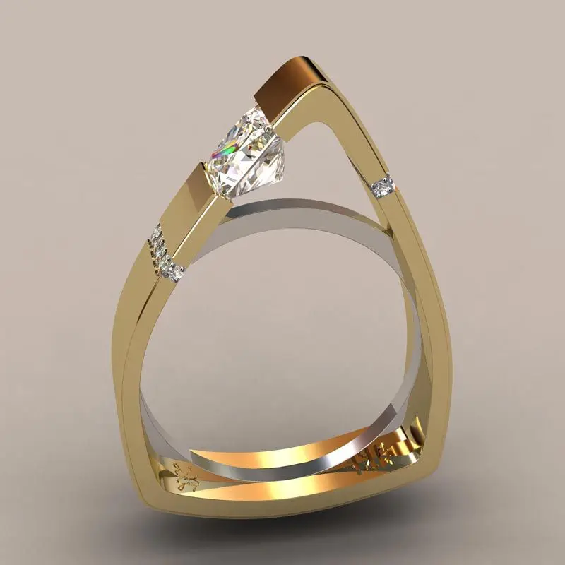 

European and American creative geometric triangle diamond ring wish foreign trade plated 18k gold color separation ring female