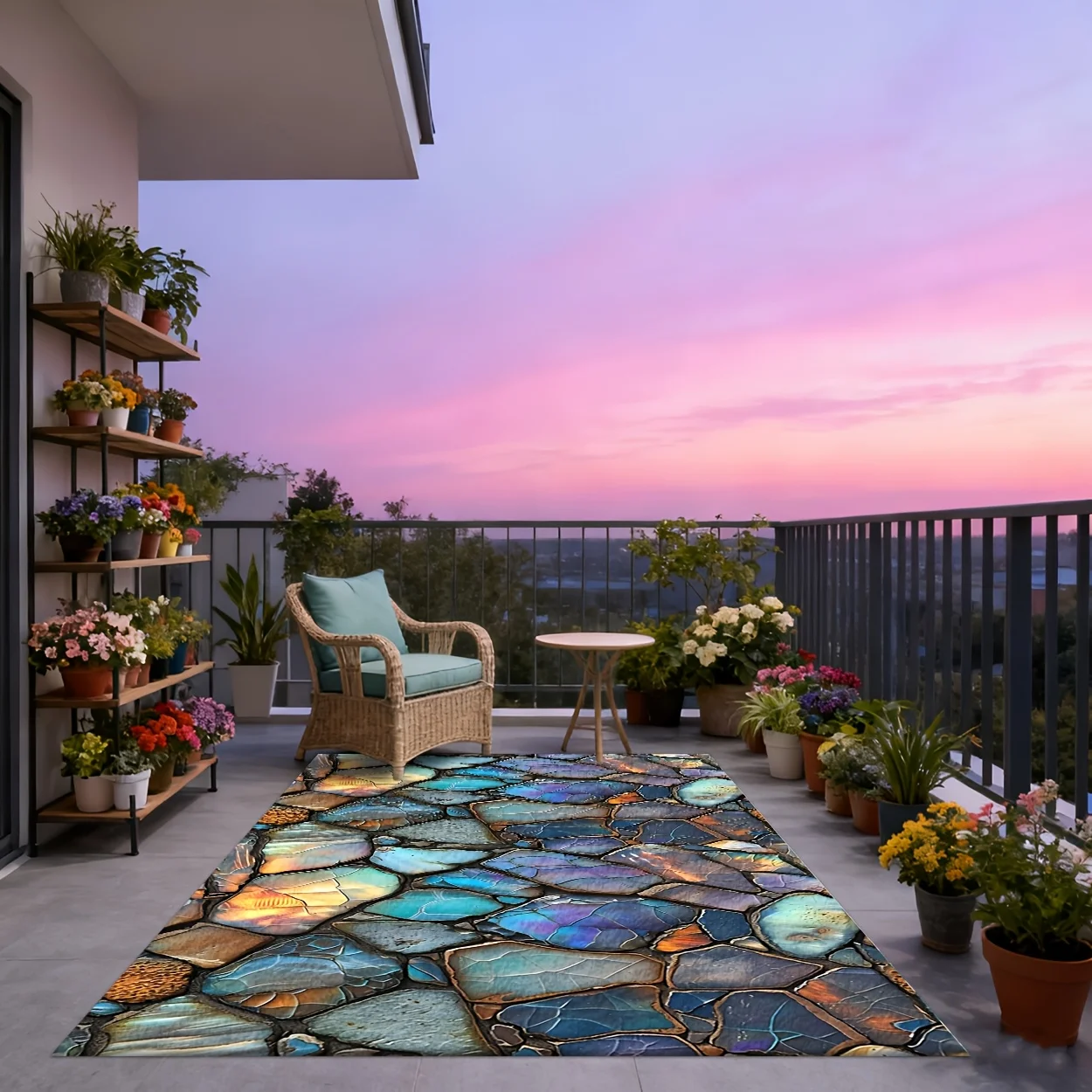Iridescent Colorful Stone Tile Print Decor Rug, Realistic Floor Mat for Patio, Deck, Garden, Indoor & Outdoor Home Decor