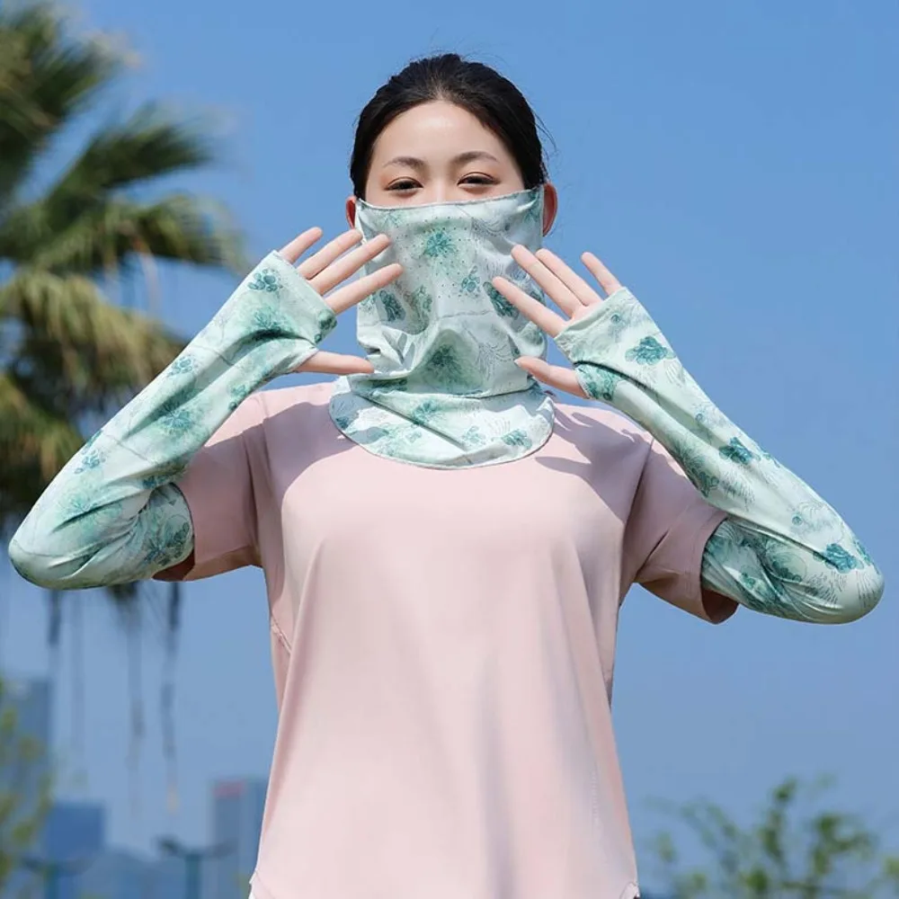 

3pcs Breathable Floral Ice Silk Mask UPF50+ Quick Drying Sunshade Arm Cover Drawstring Face Shield Ice Silk Sunscreen Sleeves