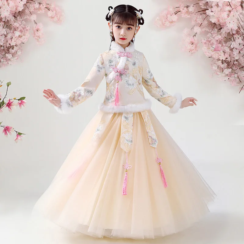 

Winter Girls Embroidery Chinese Lovely Ancient Hanfu Kids Traditional Tang Suit Children Cotton-padded Clothes New Year Dress