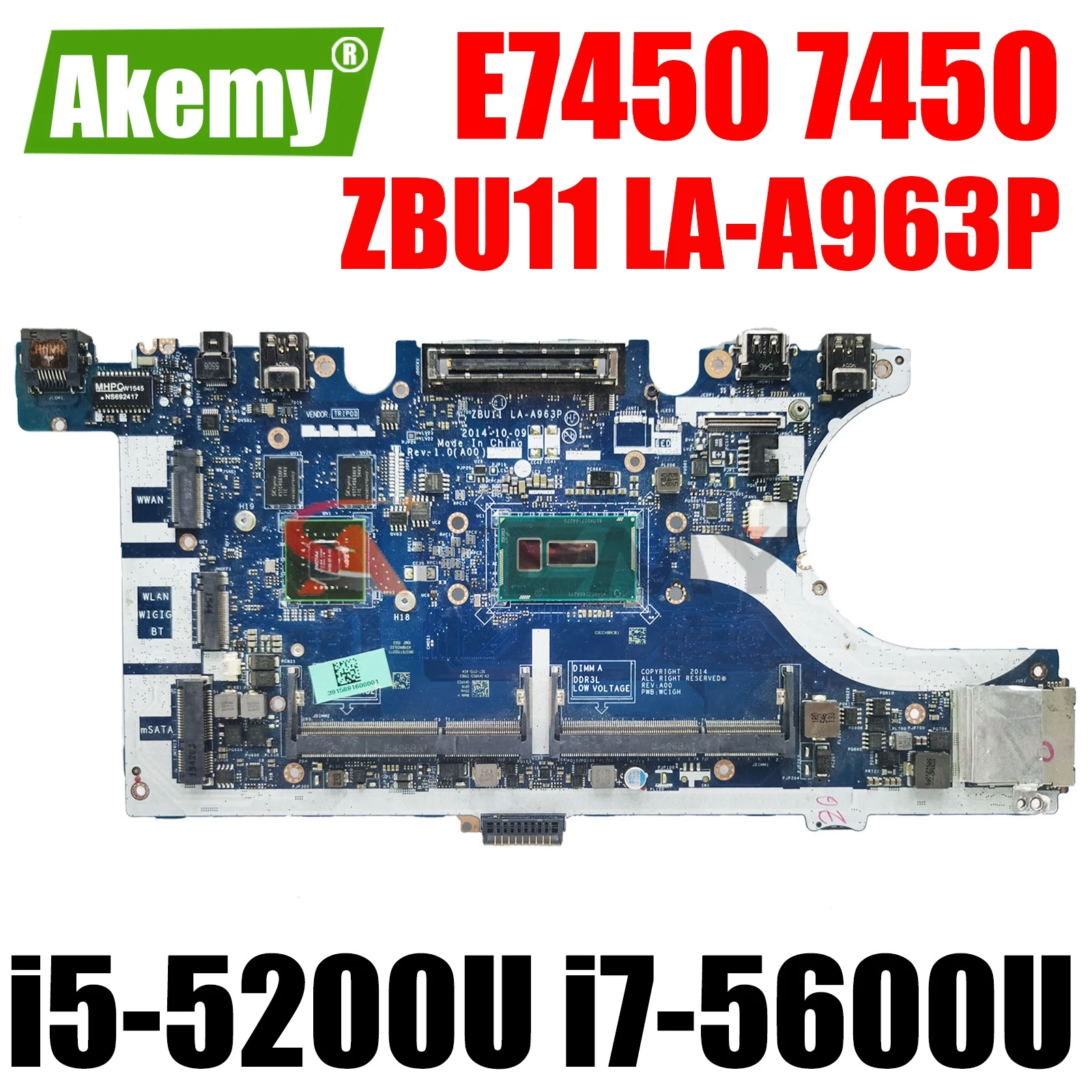 

For DELL Latitude E7450 7450 Laptop Motherboard CN-0KVR03 074G70 0HVV96 ZBU11 LA-A963P With i5-5200U i7-5600U CPU 840M 2G