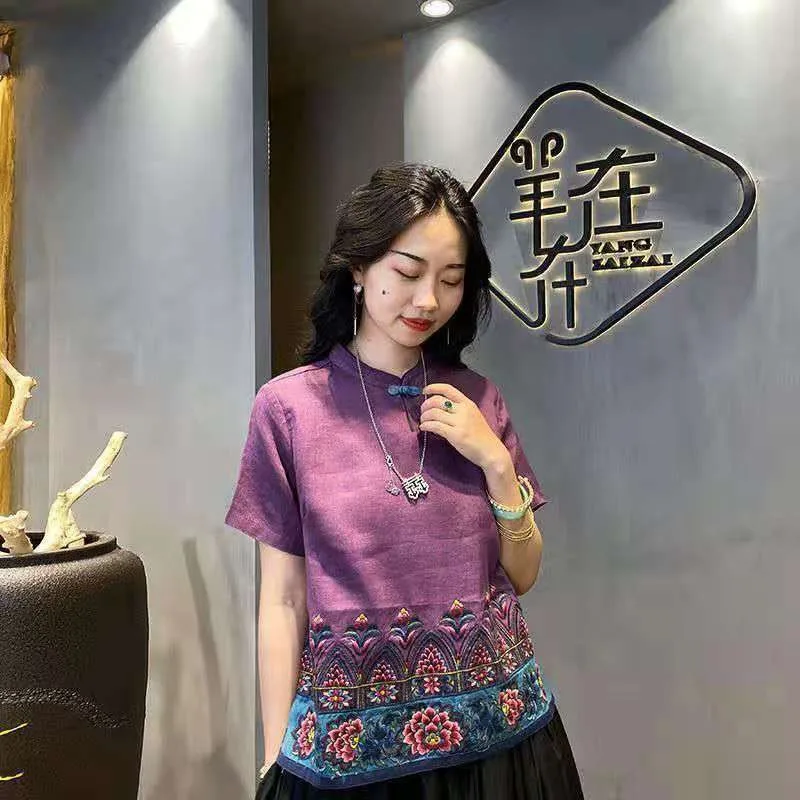 

Льняная женская этническая вышитая блузка на пуговицах, летняя хлопково-льняная футболка с коротким рукавом, женская рубашка