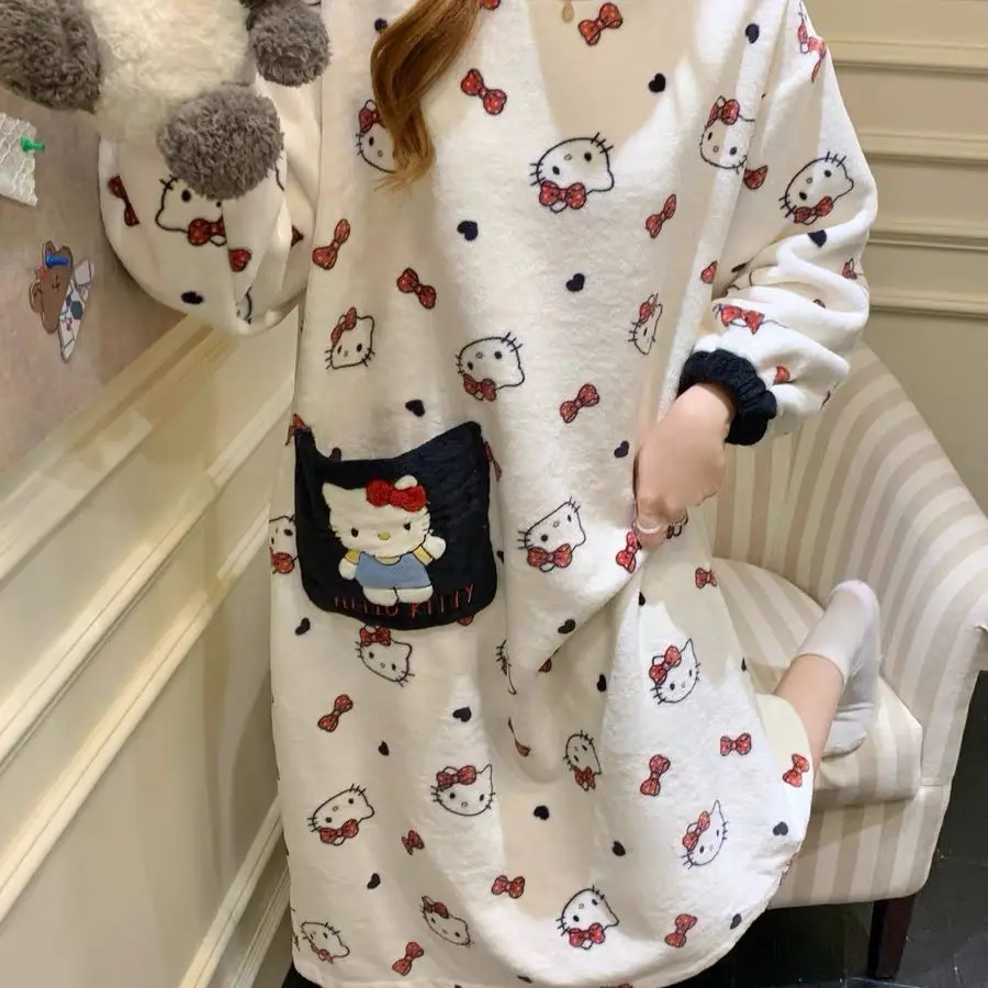 

Women Nightgown Hello Kitty Flannel Thickened Warm Female Pajamas Sweet Loose Cartoon Autumn and Winter leeping Skirt