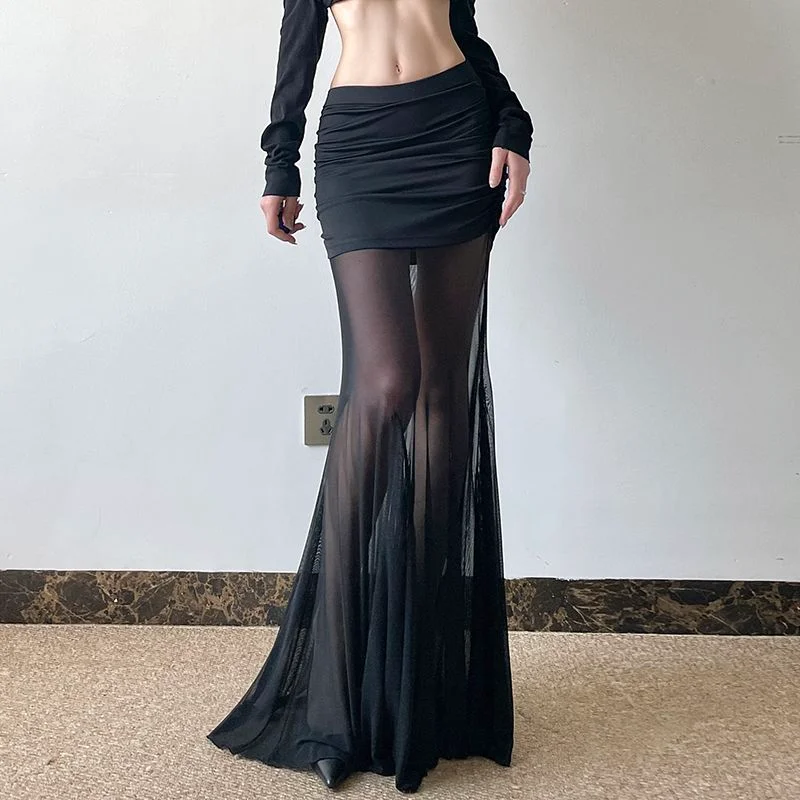 Temperamento Color sólido malla empalme falda plisada cadera-abrazo Slim Fit Hot Girl