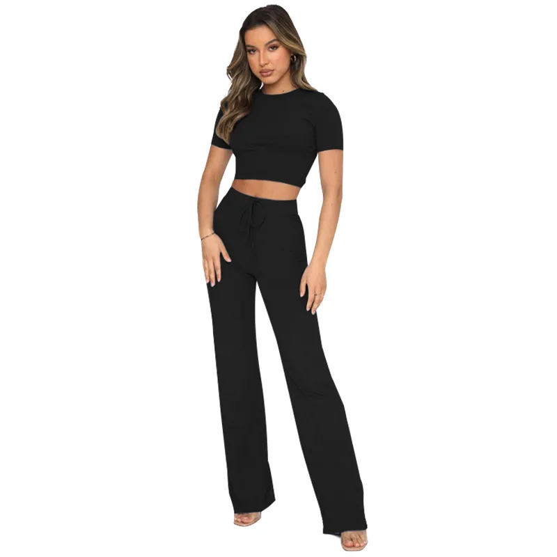 Fashionable Casual Suit for Women Solid Color High Elasticity Slim Fit Short Sleeved Pit Stripe Wide Leg Pants Two-piece Set