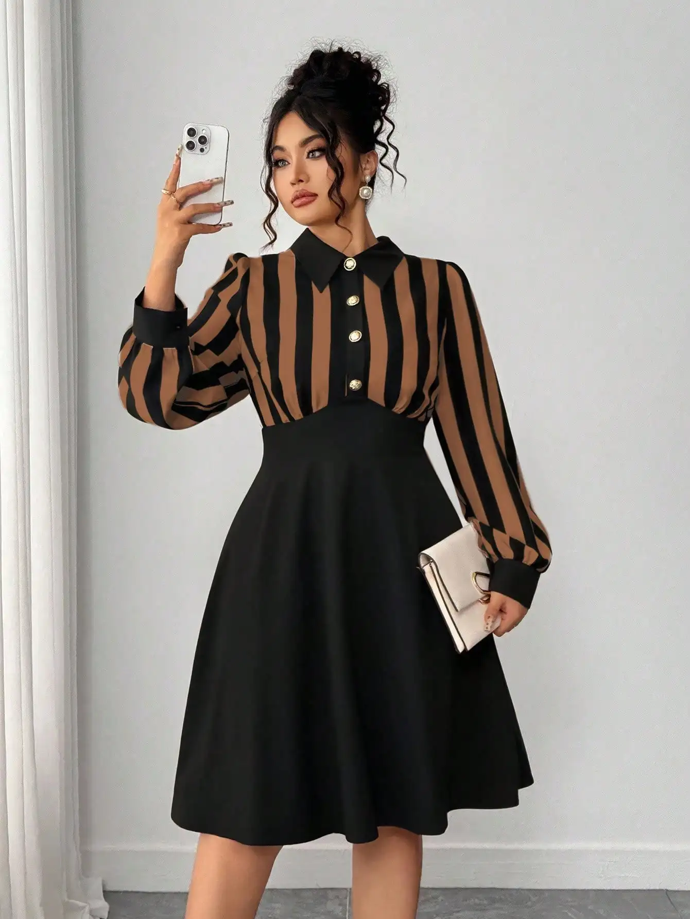 

Plus Size Striped Button Front Long Sleeve Dress with Collar and Flared Skirt for Casual or Party Wear